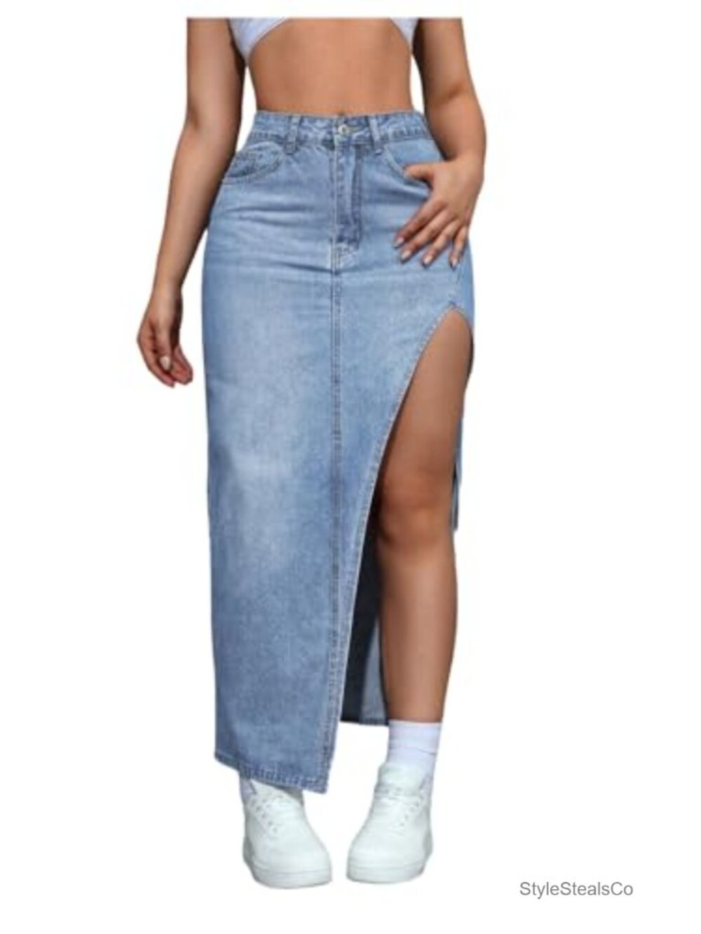 SHENHE High Slit Denim Maxi Skirt High Waisted Pencil Jean Skirt